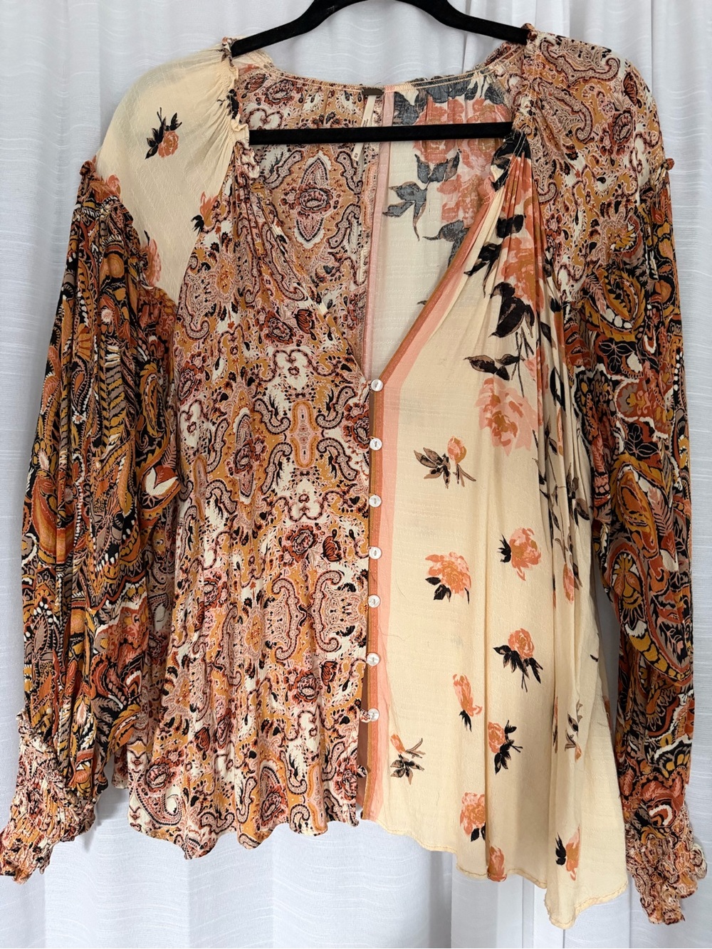 Free People Patchwork Paisley Floral Button Front Blouse Top Size M